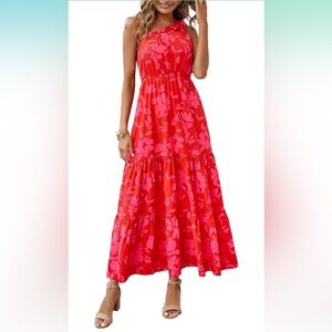 Red/Pink Floral Knot One Shoulder Sleeveless Dress